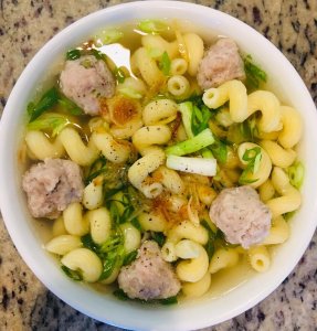 Cellentani pork meatballs noodle soup (soup nui)